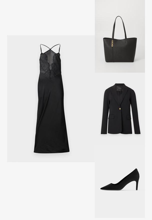 Schwarzer Blazer mit einem Knopf, mit Reverskragen, zwei vorderen Klappentaschen und langen Ärmeln, vor weißem Hintergrund dargestellt.; Schwarzes Satin-Kleid mit durchsichtigem Spitzenoberteil, das überkreuzte Träger und eine fließende Silhouette aufweist, entworfen für eine figurbetonte Passform.; Schwarzer High-Heel-Schuh mit spitzer Spitze, schlankem Absatz und matter, glatter Oberfläche, seitlich auf weißem Hintergrund gezeigt.; Schwarze Tragetasche aus strukturiertem synthetischem Material, mit doppelten Henkeln und einem goldenen Logoakzent an der Seite. Offenes Design an der Oberseite für einfachen Zugang.