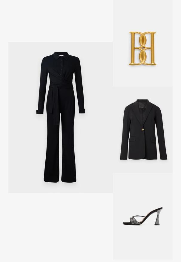 Sort blazer med enkelt knap, hakkede revers, to forlommer med klap og lange ærmer, vist mod en hvid baggrund.; Sort langærmet jumpsuit med krave, knaplukning, indviklet design og en bælte i taljen. Fremstillet af blødt, strækbart stof.; Sorte højhælede sandaler med en struktureret overdel, der har skinnende rhinsten, slanke stropper og et karakteristisk geometrisk hældesign.; By Malene Birger MONO - Broche - gold-coloured