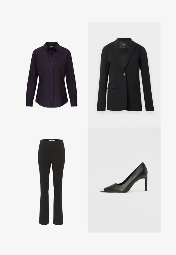 Sort blazer med enkelt knap, hakkede revers, to forlommer med klap og lange ærmer, vist mod en hvid baggrund.; Sort, langærmet, figursyet dame skjorte med knapper, krave og sømdetaljer på siderne, vist på hvid baggrund.; Sorte skræddersyede bukser med slim fit, flagrende bund, glat front og ingen synlige lommer. Fremstillet af glat stof med minimale sømme.; Sort læder højhælet sko med spids tå og metal-sølv hætte. Har en glat finish og en slank hæl på 10 cm.