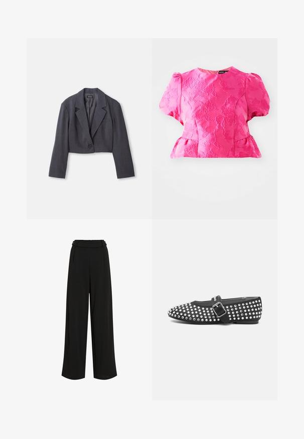 Afskåret mørkegrå blazer med en struktureret krave, enkelt knaplukning og lange ærmer. Let tekstur med detalje i frontlommen.; Lyserød tekstureret bluse med korte puffærmer, en peplum-talje og en rund udskæring. Har et broderet mønster og en lynlås i ryggen.; Bredde ben sorte bukser lavet af let materiale. Har en bæltekrave med to knapper og subtile folder fortil.; Sort flad sko med rund tå, nitterdesignet med metalliske accenter og en spænde-rem over vristen.