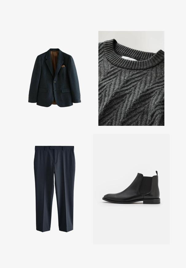 Mørkeblå, struktureret tweed-blazer med spids revers, to frontlommer og en brun satinforing, prydet med sølvknapdetaljer.; Mørkegrå strikket sweater med ribbet rund hals og diagonalt kabelstrik mønster på blødt stof.; Marineblå bukser med bæltestropper, frontknap og lynlås samt lige ben.; Sorte læder Chelsea støvle med elastiske sidepaneler, en rund tå og en lav hæl. Glat tekstur med et minimalistisk design.