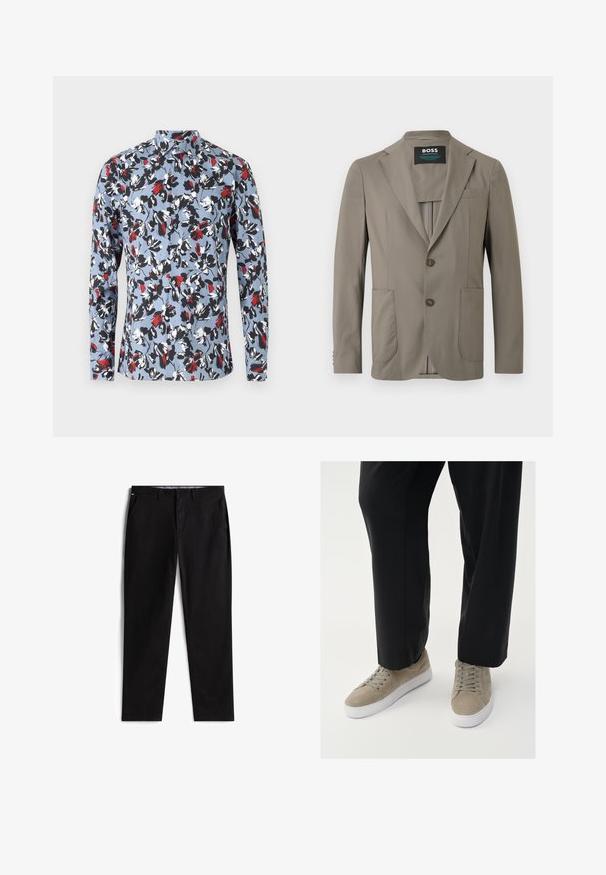 Veste pour homme couleur taupe avec revers crantés, deux boutons à l'avant, deux poches plaquées et une poche poitrine, étiquette BOSS à l'intérieur du col.; Chemise à manches longues à boutons, de couleur bleu clair avec un motif floral en rouge, noir et blanc. Dispose d'un col et d'une fermeture à boutons à l'avant.; Pantalons en coton noirs avec une coupe droite, dotés de poches latérales, d'une fermeture à bouton et d'un discret logo sur la ceinture.; Baskets en daim gris clair avec une semelle en caoutchouc blanche, dotées de lacets ronds et d'un design minimaliste, associées à un pantalon noir.