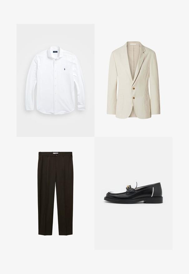 Lysebeige herreblazer med hakkede revers, to brune knapper, brystlomme og to nederste påsyede lommer, vist på hvid baggrund.; Hvid langærmet skjorte med knapper lavet af bomuld. Har en klassisk krave, regular fit og et lille marineblåt logo på brystet.; Mango Chino - brown; Sort læder loafers med rund tå, hvide detaljer og guldbelagte metaldele på vamps. Har et struktureret patch og stablet hæl.