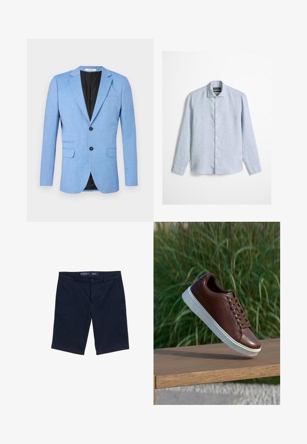 Blazer azul claro para hombre con dos botones negros, solapas con muesca y bolsillos con solapa, mostrado sobre un fondo blanco.; Camisa de manga larga azul claro con botones al frente y cuello clásico, confeccionada en tela texturizada, exhibida sobre un fondo liso.; Pantalones cortos azul marino de mezcla de algodón, con cierre de botón, bolsillos laterales y diseño de pierna recta. Etiqueta de talla M visible.; Zapatilla de cuero marrón con suela de goma blanca, diseño de cordones, textura suave, punta redondeada y detalles de costura sutiles.