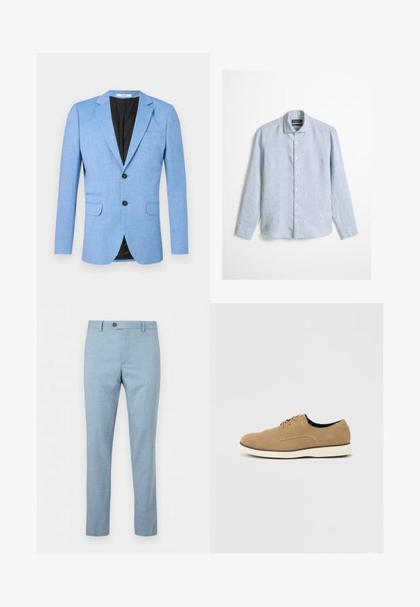 Blazer homme bleu clair avec deux boutons noirs, revers en encoche et poches à rabat, présenté sur fond blanc.; Chemise bleu clair à manches longues avec boutons et col classique, en tissu texturé, présentée sur un fond uni.; Pantalon bleu clair ajusté pour homme avec passants de ceinture, fermeture à boutons et coupe slim.; Chaussure à lacets en daim marron clair avec semelle blanche et coupe basse à la cheville, vue de profil sur un fond neutre.