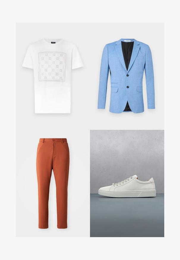 Lichtblauwe herengeblazer met twee zwarte knopen, ingesneden revers en klepzakken, getoond op een witte achtergrond.; Witte katoenen T-shirt met een groot, subtiel vierkant patroon in licht beige, voorzien van afgeronde vormen en accenten, afgewerkt met een ronde hals.; Roodkleurige broek met een gestructureerd patroon, voorzien van een knoopsluiting, riemlussen en schuine zijzakken. Recht afgesneden ontwerp.; Witte leren sneaker met een ronde neus, minimalistisch ontwerp, grijze veters en een gestructureerde grijze rubberen zool. Fijne stikdetails zichtbaar.