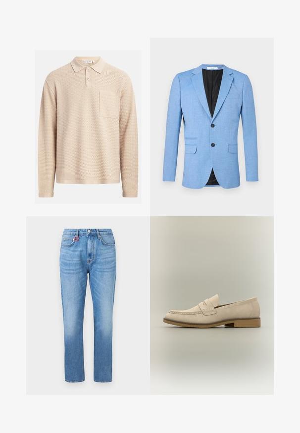Blazer homme bleu clair avec deux boutons noirs, revers en encoche et poches à rabat, présenté sur fond blanc.; Polo manches longues beige avec un motif en vague texturé, un col classique, trois boutons et une poche sur le côté gauche de la poitrine.; Jean droit bleu clair à taille haute, avec poches avant, fermeture à boutons, et un petit anneau rouge sur la boucle de ceinture avant droite.; Mocassin en cuir beige clair avec un petit talon, coutures moc toe, et un détail de bride sur le dessus, présenté en profil latéral.