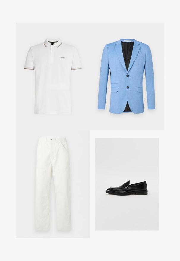 Blazer homme bleu clair avec deux boutons noirs, revers en encoche et poches à rabat, présenté sur fond blanc.; Polo blanc à manches courtes avec col et manches bordés de beige, patte de boutonnage à trois boutons, et petit logo « BOSS » sur la poitrine.; Pantalon blanc à jambes droites avec poches avant, passants pour ceinture et fermeture par bouton à la taille, présenté sur un fond uni.; Mocassin en cuir noir avec une pointe arrondie, des coutures discrètes et une finition lisse. Doté d'un talon bas empilé et d'une sangle sur le cou-de-pied.