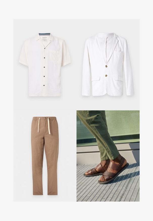 Blazer blanco de lino con solapa, cerradura de un botón, dos bolsillos frontales y un bolsillo en el pecho izquierdo. Tejido sutilmente texturizado.; Camisa de manga corta hecha de una tela ligera, en color blanco roto, con un bolsillo en el pecho y botones negros a lo largo del cierre frontal.; Pantalones color marrón claro de pierna recta con cinturilla elástica, cierre de botón y cordones blancos.; Sandalias de cuero marrón con un diseño de tiras, que presentan un detalle de hebilla, llevadas con pantalones verdes sobre una superficie texturizada.