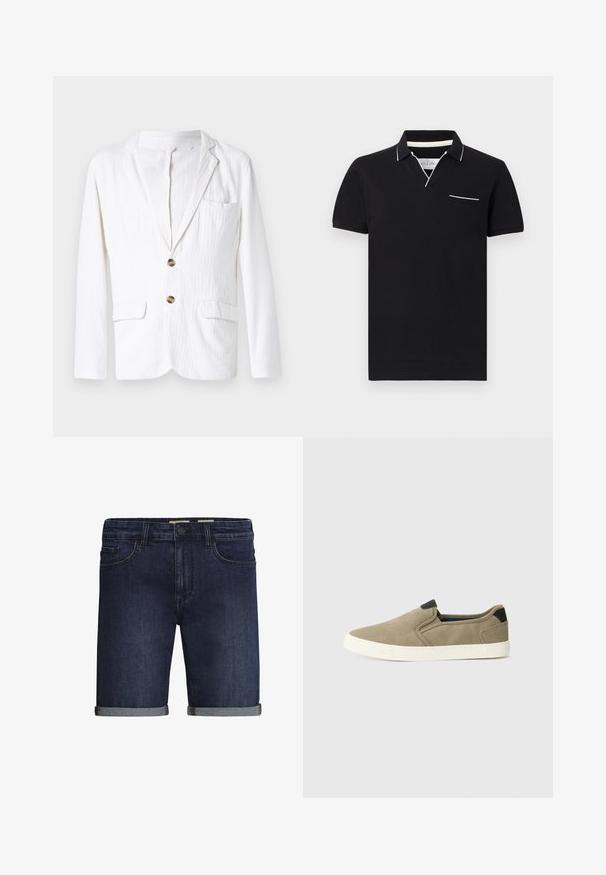 Hvid linned blazer med reverskrave, en enkelt knaplukning, to frontlommer og en venstre brystlomme. Subtil tekstureret stof.; Sort kortærmet polo-shirt med hvide kanter på krave, ærmekanter og et lille brystlommeåbning.; Mørkeblå denimshorts med klassisk fem-lomme design, en opsmøgt kant og en knaplukning. Glat tekstur.; Taupe slip-on sko med en tekstureret stofoverdel, kontrastfarvet sort hælaccent og hvid gummisål. Perforeret design for åndbarhed.