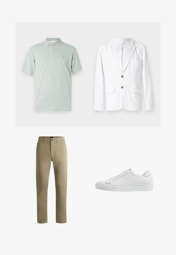 Hvid linned blazer med reverskrave, en enkelt knaplukning, to frontlommer og en venstre brystlomme. Subtil tekstureret stof.; Lys grøn polo skjorte med tekstureret krave, kortærmede og broderet emblem på venstre bryst. Blød stoffinish.; Chino-bukser i en lys khaki farve, lavet af glat bomuldsstof, med lynlås, knaplukning og sidelommer.; Hvide lædersneakers med en glat overflade, rund tå, flad hvid gummisål og hvide snørebånd. Minimalistisk design med diskret syninger.