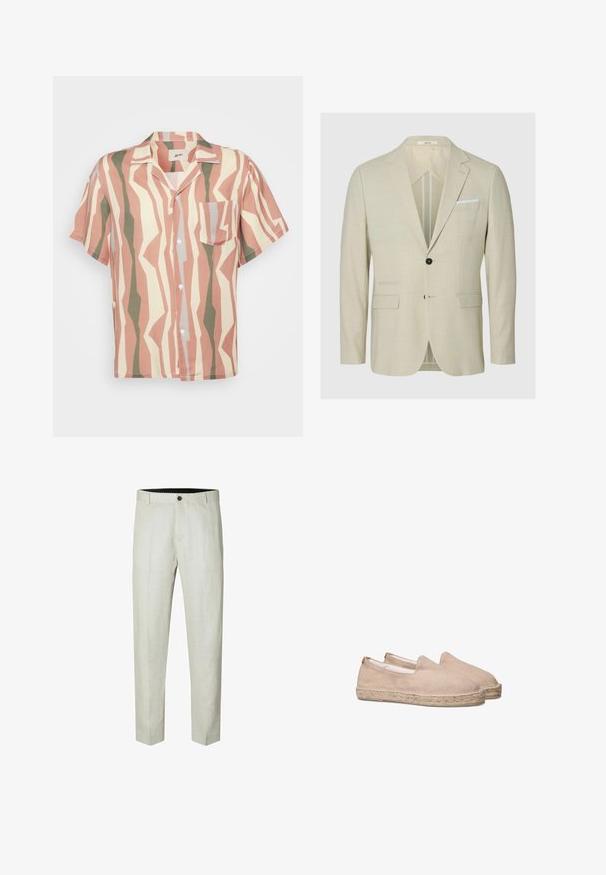 Beige herreblazer med enkeltspan, hakkede revers, to knapper, klaplommer og et hvidt lommetørklæde på en ensfarvet baggrund.; Kortærmet button-up skjorte med et lyserødt, beige og grønt zigzag mønster; inkluderer en enkelt brystlomme og hvide knapper.; Lyse beige linnedragt med lige ben, knaplukning foran, to sidelommer og en glat overflade. Skræddersyet pasform med subtile sømme.; Beige espadriller med en tekstureret kanvas-overdel og en flettet jutesål. Slip-on design med åben hæl og ingen synlige udsmykninger.