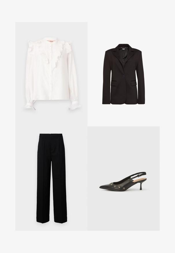 Zwarte op maat gemaakte blazer van gladde stof, met een reverskraag, een sluiting met één knoop en twee voorzakken. Eenvoudig ontwerp.; Witte blouse van lichtgewicht stof, met een gerimpelde voorkant en manchetten, knoopsluiting en lange mouwen.; Zwarte wijd uitgesneden broek met een gladde textuur, voorzien van een rechte voorkant, plooien en een genaaide tailleband. Geen zichtbare hardware of patronen.; Zwarte leren slingback pump met puntige neus, lage hak en decoratieve metalen accenten langs de vooropening. Gladde textuur.