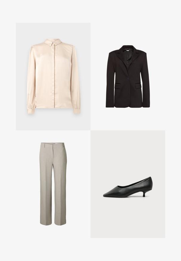 Zwarte op maat gemaakte blazer van gladde stof, met een reverskraag, een sluiting met één knoop en twee voorzakken. Eenvoudig ontwerp.; Beige satijnen overhemd met lange mouwen, met een button-down kraag, een voorplat en gathering in de mouwen bij de manchetten. Glad, glanzend textuur.; Beige rechte broek met vouwen aan de voorkant, tailleband met riemlussen en een verborgen sluiting aan de voorkant.; Zwarte leren damesschoen met lage hak, puntige neus en kleine kittenhak op een effen lichte achtergrond.