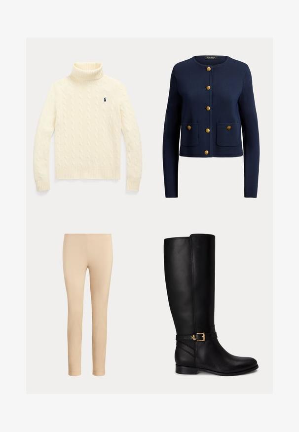 Cardigan bleu marine à manches longues avec col rond, six boutons dorés sur le devant et deux poches avant, chacune avec un bouton doré.; Pull col roulé crème en maille torsadée avec manches longues et petit logo bleu marine brodé sur la poitrine gauche.; Pantalon beige slim fit longueur cheville avec une finition lisse, sans poches visibles ni ornements, sur un fond uni.; Botte noire en cuir montante jusqu'au genou avec talon bas, boucle dorée et petit logo embossé sur la sangle latérale.