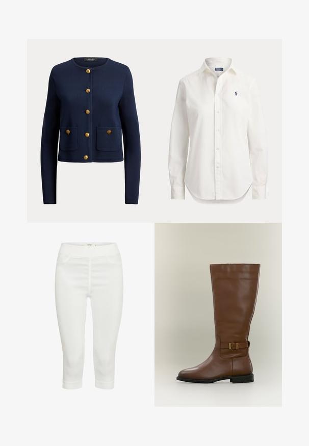 Marineblauwe cardigan met lange mouwen en een ronde hals, zes gouden knopen aan de voorkant en twee voorzakken, elk met een gouden knoop.; Witte blouse met lange mouwen, knopen, kraag en klein blauw logo van een polospeler op de linkerborst.; Witte capri-broeken van rekbaar materiaal, met een gladde textuur, twee voorkwalme zakken en een comfortabele elastische tailleband.; Hoge bruine leren laars met een zijgespsluiting en een lage zwarte zool, gefotografeerd tegen een neutrale achtergrond.