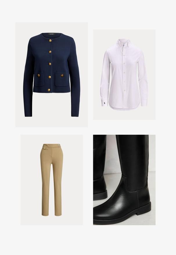 Marineblauer Langarm-Cardigan mit rundem Ausschnitt, sechs goldene Knöpfe vorne und zwei Vordertaschen, jeweils mit einem goldenen Knopf.; Weißes langärmliges Hemd mit Knopfleiste, geknöpftem Kragen und kleinem gesticktem Logo auf der linken Manschette.; Beige Slim-Fit-Hosen für Frauen mit hoher Taille, zwei Knöpfen an der Seite und einer kleinen Knopftasche nahe des Bundes.; Schwarze Leder-Stiefel bis zum Knie mit glatter Textur, runder Spitze, minimaler Naht und niedrigem Blockabsatz. Sie haben ein schlankes, eng anliegendes Design.