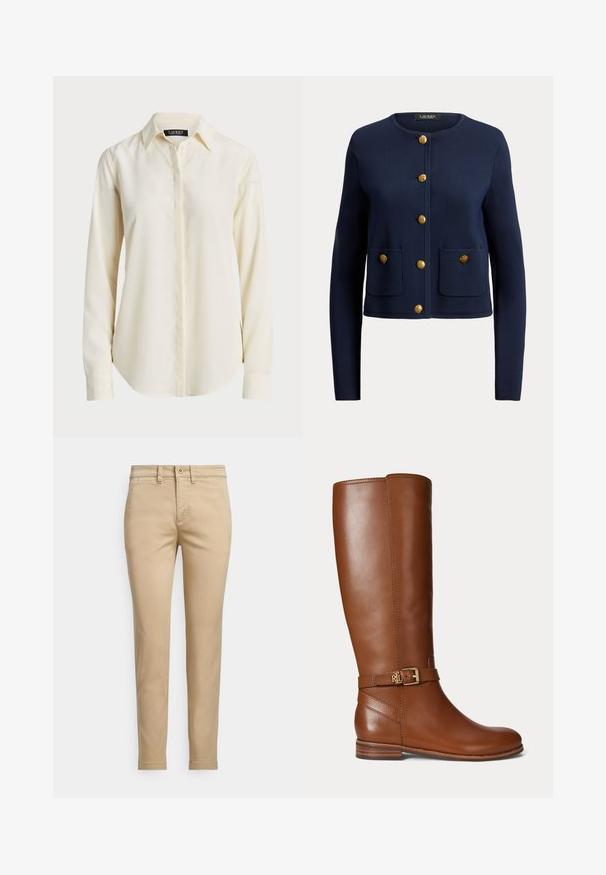 Cardigan bleu marine à manches longues avec col rond, six boutons dorés sur le devant et deux poches avant, chacune avec un bouton doré.; Chemise à manches longues crème clair avec un col pointu, un devant à boutons et une texture lisse ; présente un ourlet arrondi et une coupe ajustée.; Chinos en coton beige avec une coupe droite, dotés d'une fermeture à bouton, de poches avant et de détails cousus le long des coutures.; Botte en cuir marron montant jusqu’au genou avec une petite boucle dorée et le logo "RL" sur la sangle près de la cheville, talon plat et finition lisse.