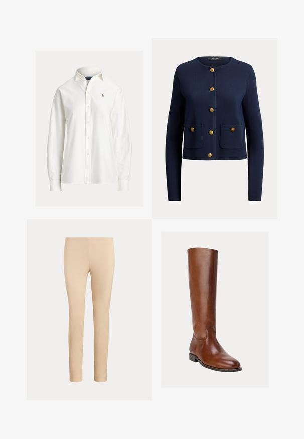 Navy blue long-sleeve cardigan with round neckline, six gold buttons down front, and two front pockets each with a gold button.; White long-sleeve button-up shirt with collar and small embroidered logo on left chest.; Beige slim-fit ankle-length pants with a smooth finish and no visible pockets or embellishments on a plain background.; Tall brown leather riding boot with rounded toe, low heel, and smooth finish displayed against a light background.