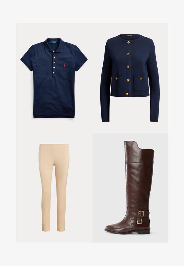 Marineblauer Langarm-Cardigan mit rundem Ausschnitt, sechs goldene Knöpfe vorne und zwei Vordertaschen, jeweils mit einem goldenen Knopf.; Marineblaues Kurzarm-Poloshirt mit vier weißen Knöpfen und rotem, auf der Brust besticktem Logo, Kragen nach unten gefaltet.; Beige, figurbetonte, knöchellange Hose mit glatter Oberfläche und ohne sichtbare Taschen oder Verzierungen auf einfarbigem Hintergrund.; Braune Leder-Knöchelstiefel in kniehoher Höhe mit runder Zehenform, ausgestattet mit zwei goldfarbenen Schnallen am Knöchel und einer glatten, polierten Oberfläche.