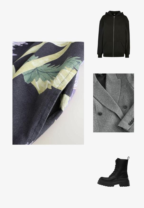 Grijze wollen blazer met een double-breasted ontwerp, met notch-lapels, zwarte knopen en een gestructureerde stof. Heeft een getailleerde pasvorm en strakke lijnen.; Zwarte capuchontrui met rits aan de voorkant, met zakken voor en geribbelde boorden en zoom.; Stof met bloemmotief dat groene bladeren en paarse accenten op een donkere achtergrond toont, met zichtbare stiksels en een gestructureerde afwerking.; Zwarte hoge vetercombatboot met dikke profielzool en trekkoord aan de achterkant, zijaanzicht op een witte achtergrond.