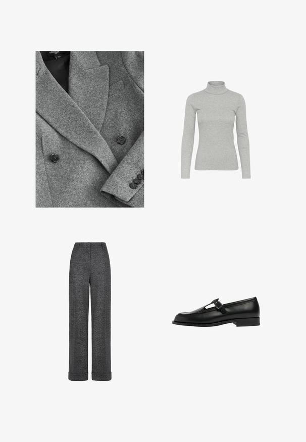Grå uldblazer med dobbeltknapdesign, slagkraver, sorte knapper og struktureret stof. Har skræddersyet pasform og rene linjer.; Grå turtleneck sweater lavet af ribbet stof, med lange ærmer og en tætsiddende pasform, med en høj hals og minimal detaljer.; Grå uldbukser med fiskebenmønster, lige ben, opsmøgede kanter og taljebånd med bæltestropper.; Sort læder loafer med T-bar design og spænde detaljer, flad sål, glat tekstur og stikninger langs kanterne.
