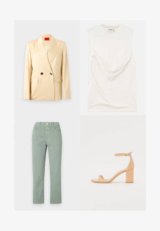 Blazer beige croisé à larges revers, deux boutons noirs, poches à rabat et étiquette intérieure rouge sur fond clair.; Haut sans manches blanc avec un détail drapé à l'avant, fabriqué en tissu doux et léger. Présente un col rond et une coupe décontractée.; Pantalons en coton vert clair avec une coupe droite, dotés de poches avant, d'une fermeture à bouton et de détails de couture subtils.; Sandales à talons en cuir verni nude avec un orteil carré, une sangle à la cheville et un talon bloc chunky. Texture lisse et détails de design minimalistes.