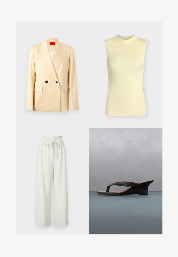 Blazer beige croisé à larges revers, deux boutons noirs, poches à rabat et étiquette intérieure rouge sur fond clair.; Top sans manches en maille côtelée jaune pâle avec un col rond montant, silhouette ajustée et tissu doux texturé.; Pantalon blanc taille haute à jambes larges avec taille élastique et cordon, en tissu léger.; Sandale compensée noire avec brides en lanières posée sur une planche en bois et un sol en pierre en plein air près de plantes vertes et d'un mur en béton.