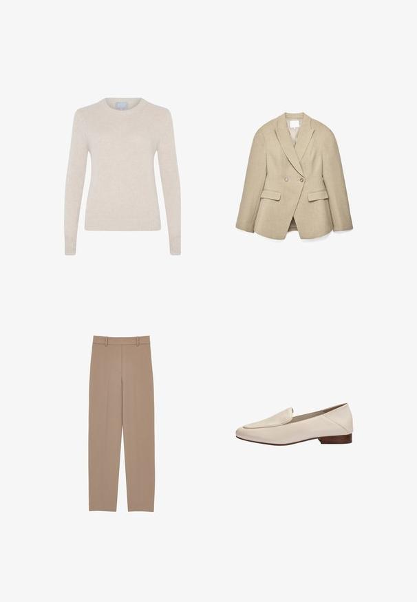 Beige dubbelgeknoopte blazer met een getailleerde pasvorm, puntige revers, twee voorkantzakken en subtiele, gestructureerde stof. De voering aan de binnenkant is licht van kleur.; Style Republic Trui - sand; Beige eersteklas geklede broek met een rechte pijp, voorzien van een geplooide voorkant, riemlussen en subtiele stikdetails. Gladde, lichte stof.; Beige leren loafer met lage houten hak en afgeronde vierkante neus, zijaanzicht tegen een witte achtergrond.