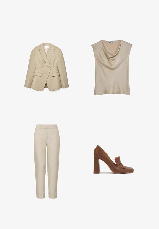 Beige dubbelgeknoopte blazer met een getailleerde pasvorm, puntige revers, twee voorkantzakken en subtiele, gestructureerde stof. De voering aan de binnenkant is licht van kleur.; Beige satijnen mouwloze blouse met watervalhalslijn, gelabeld "REISS", getoond tegen een witte achtergrond.; Beige broek van lichtgewicht stof, met een taps toelopend ontwerp, vlakke voorkant en zijzakken; gladde textuur met subtiele strepen.; Bruine leren hoge hak schoen met een vierkante neus en een brede band over de voorkant. De hak is blokvormig en stevig.