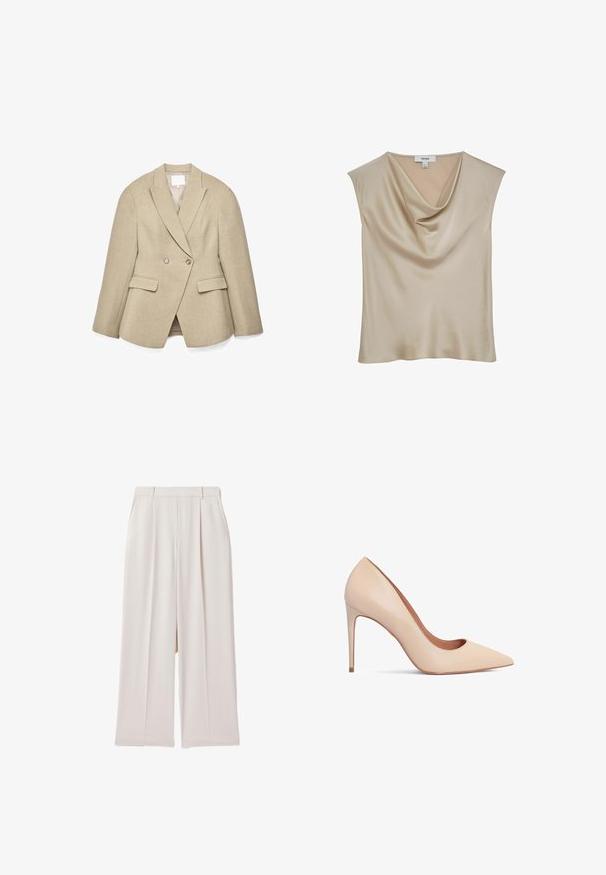 Blazer beige de doble botonadura con corte entallado, solapas de pico, dos bolsillos delanteros y tela con textura sutil. El forro interior es de color claro.; Blusa sin mangas de satén beige con cuello cisne, con etiqueta "REISS", mostrada sobre un fondo blanco.; Pantalones beige de corte ancho y talle alto, con pliegues delanteros y bolsillos laterales, aptos para vestir formal o informal.; Zapato de tacón alto de cuero beige con punta afilada y textura suave. Presenta un tacón de aguja delgado y un diseño de escote bajo.