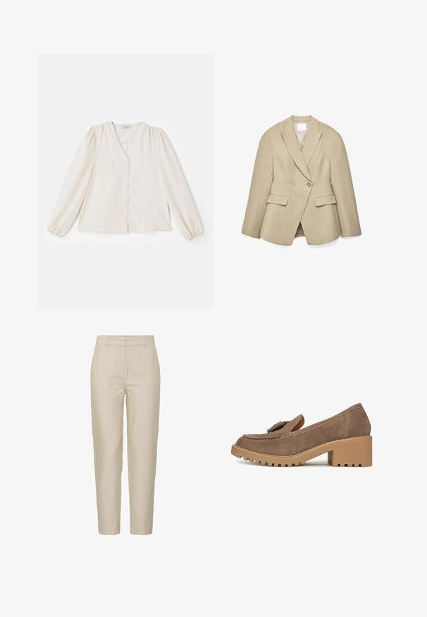Beige dubbelgeknoopte blazer met een getailleerde pasvorm, puntige revers, twee voorkantzakken en subtiele, gestructureerde stof. De voering aan de binnenkant is licht van kleur.; Ivoorblouse met lange opgeblazen mouwen, V-hals en een sluiting met knopen aan de voorkant. Glad materiaal, met een ontspannen pasvorm en geplooide schoudernaden.; Beige broek van lichtgewicht stof, met een taps toelopend ontwerp, vlakke voorkant en zijzakken; gladde textuur met subtiele strepen.; Bruine suède loafers met blokhak, een ronde neus, decoratieve kwastjes, rubberen buitenzool en een contrasterend lichtbruin plateau.