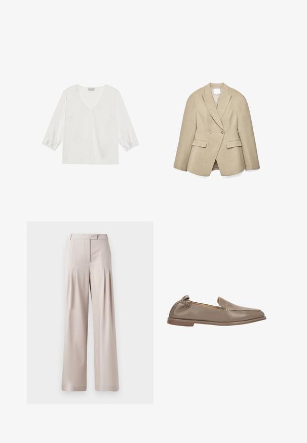 Beige dubbelgeknoopte blazer met een getailleerde pasvorm, puntige revers, twee voorkantzakken en subtiele, gestructureerde stof. De voering aan de binnenkant is licht van kleur.; Witte blouse met lange mouwen, een diepe V-hals, zacht satijnachtig materiaal en gathered manchetten voor een relaxed fit.; Beige wijde broek met een zachte textuur, geplooide voorkant en een op maat gemaakte tailleband. Geschikt voor formele of casual gelegenheid.; Zachte beige leren instapschoen met platte zool, lage hak, elastische achterkant en bovenste stiksels in mocassijnstijl.