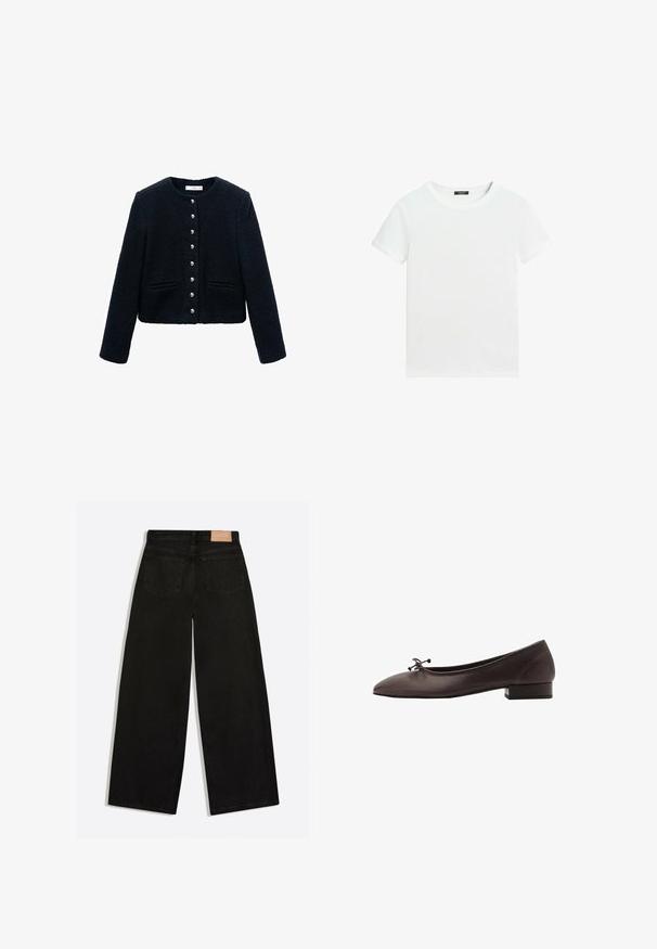 Sort cropped jakke lavet af struktureret stof, med rund halsudskæring, lange ærmer og en række af syv dekorative knapper.; Almindelig hvid T-shirt med korte ærmer, rund halsudskæring og lille sort label inden i kraven.; Sorte vidde jeans set bagfra med to baglommer og en brun lædermærke på linningen.; Brune læder balletflade med rund tå og lille blokhæl. Har en tynd sløjfe foran og diskrete syningsdetaljer.
