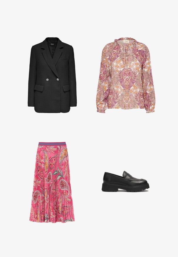 Sort, tekstureret blazer med dobbeltknap design, notched revers, to frontlommer og dekorative knapdetaljer.; Langærmet bluse i et flerfarvet paisley-mønster med elastiske manchetter, en samlekrave og blødt stof i nuancer af pink, orange og cremet.; Lyserød plisseret nederdel med blomster- og paisleymønstre, med en kontrasterende turkise stribet talje. Lavet af letvægtsstof.; Sorte læder loafers med en lav, chunky sål. Har en glat overflade og hævet syning detaljer på tåen. Slip-on design.