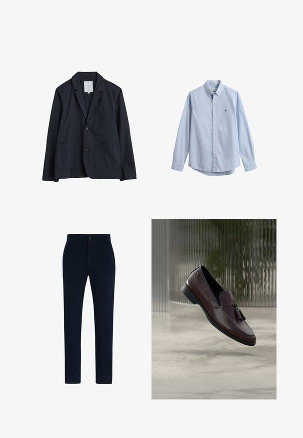 Seasalt Cornwall TOWEN LONG SLEEVE - Americana - inkwell; Camisa azul clara de manga larga con botones, cuello puntiagudo y pequeño logo bordado en el pecho izquierdo.; Chinos azul marino hechos de una tela suave y duradera. Presentan un cierre de botón, lazos para cinturón y un diseño de pierna recta. Sin patrones visibles.; Mocasines de cuero marrón con una textura suave, decorados con borlas y un detalle de costura elevada, sobre un fondo minimalista.