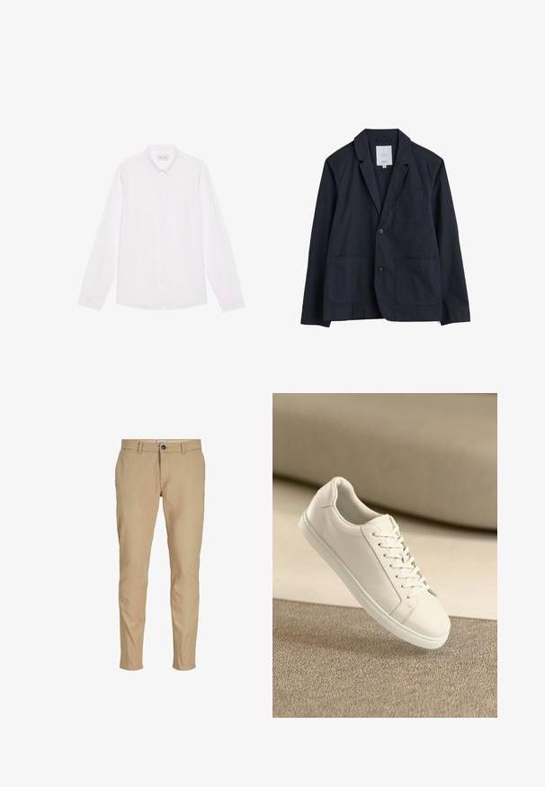 Seasalt Cornwall TOWEN LONG SLEEVE - Blazer jacket - inkwell; White long-sleeve button-up shirt made of cotton. Features a classic collar, front buttons, and a smooth texture with no visible patterns.; Beige slim-fit men's trousers with belt loops, front button closure, and side pockets on a white background.; White leather sneaker with white laces, displayed on beige textured surface and soft blurred background.