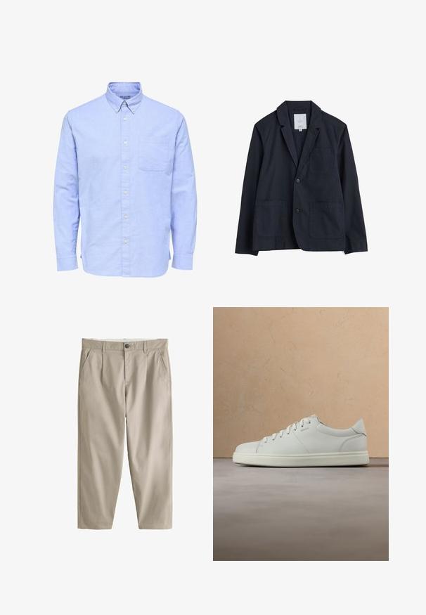 Seasalt Cornwall TOWEN LONG SLEEVE - Sakko - inkwell; Hellblaues langärmeliges Hemd mit Knöpfen, geknöpftem Kragen und einer einzelnen Brusttasche auf der linken Seite.; Beige gerade geschnittene Hose mit Gürtelschlaufen, vorderem Knopf, Reißverschluss und schrägen Seitentaschen.; Weißer Ledersneaker mit glatter Textur, rundem Zehenbereich und flachen Schnürsenkeln. Verfügt über ein dezentes Logo und eine leichte Sohle.