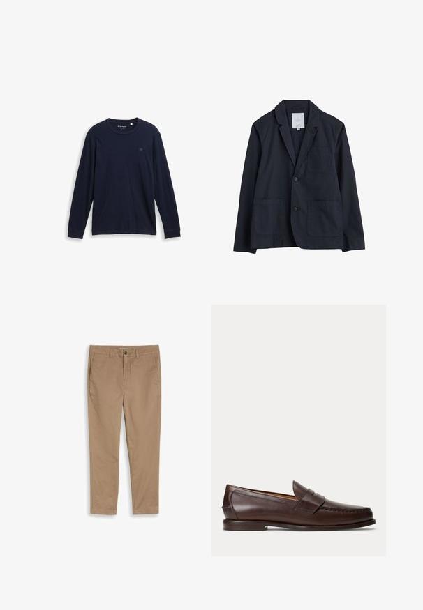 Seasalt Cornwall TOWEN LONG SLEEVE - Americana - inkwell; Camiseta de manga larga azul marino hecha de algodón suave, con un cuello redondo, dobladillos cosidos y un pequeño logo bordado en el pecho.; Pantalones casual beige para hombre con trabillas, bolsillos laterales y cierre de botón sobre un fondo liso.; Mocasín penny de cuero marrón oscuro con detalles de costura y tacón bajo apilado, mostrado de lado sobre un fondo liso.