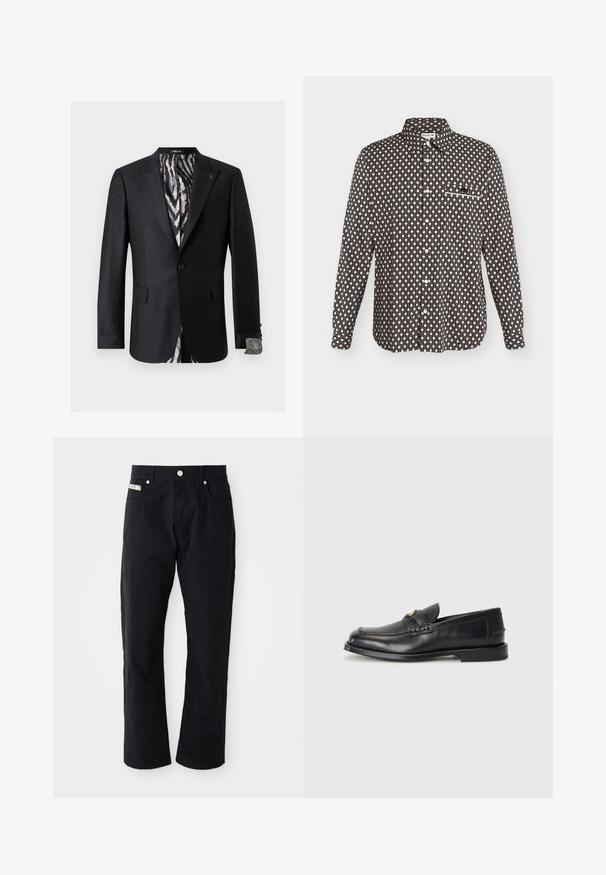 Schwarzer, maßgeschneiderter Blazer mit dezentem Strukturmuster, innenfutter mit Zebramuster und passenden Manschettendetails, Ein-Knopf-Verschluss.; Schwarzes langärmeliges Hemd mit Knopfleiste, weißem geometrischem Muster, spitzem Kragen, Brusttasche mit weißem Rand und sichtbaren weißen Knöpfen vorne.; Schwarze Baumwollhosen mit geradem Bein, fünf Taschen, silbernen Akzenten und einer subtilen strukturierten Oberfläche.; Schwarze Lederloafers mit runder Zehenform, genähten Details und einem kleinen goldenen Akzent an der Vorderseite. Die Sohle ist flach und unauffällig.