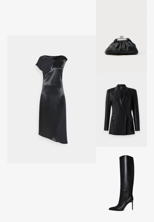 Sort blazer med en blank finish, der har en notch lapel, to frontlommer og en tætsiddende silhuet. Lange ærmer fuldender designet.; Calvin Klein NAIA SHINE MIDI DRESS - Cocktailkjole / festkjole - black; Knæhøj sort læder stiletto støvle med spids tå. Glat tekstur, struktureret design og en slank høj hæl. Ingen synlig hardware eller mønstre.; Sort læderclutch med samlet design, sølv hardware-lås og kæderem. Diskret logo præget foran.