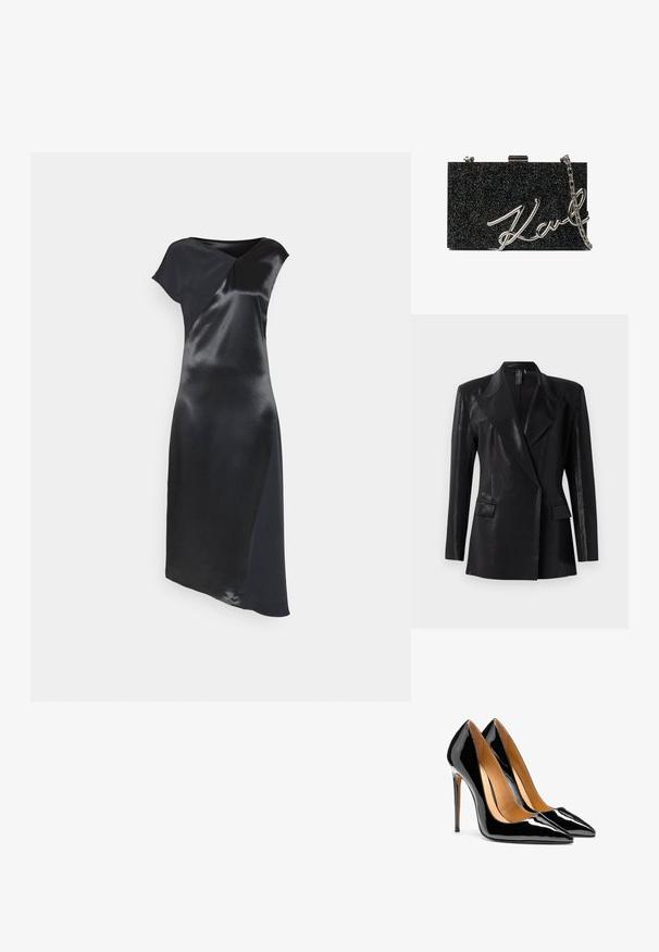 Blazer noir à finition brillante, avec un col à revers, deux poches avant et une silhouette ajustée. Des manches longues complètent le design.; Calvin Klein NAIA SHINE MIDI DRESS - Robe de soirée - black; Paire d'escarpins noirs en cuir verni brillant à bout pointu, talons aiguilles et doublure intérieure beige sur fond blanc.; Pochette noire à paillettes avec une chaîne argentée et un design "Karl" en relief sur le devant. Forme rectangulaire, texture lisse.