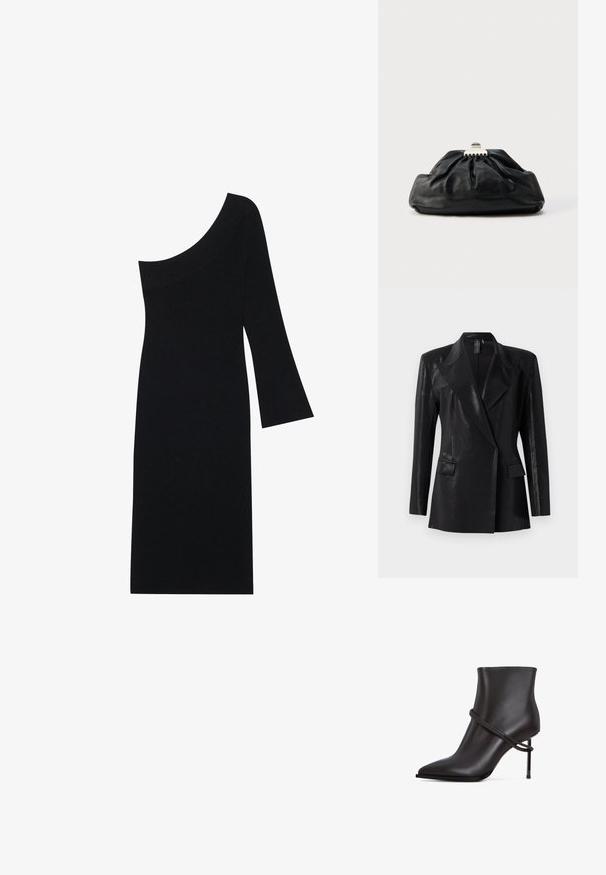 Zwarte blazer met een glanzende afwerking, voorzien van een geknipt revers, twee voorzakken en een getailleerd silhouet. Lange mouwen ronden het ontwerp af.; Zwarte geribbelde gebreide jurk met een asymmetrische halslijn en een klokmouw, met een nauwsluitende, knielange pasvorm.; Strakke zwarte enkelboot met een spitse neus, accent van gewikkeld design en een hoge stilettohak op een witte achtergrond.; Zwarte leren clutch met een geplooide textuur, metalen sluiting en een subtiel geperst logo aan de voorkant. Afgeronde vorm.