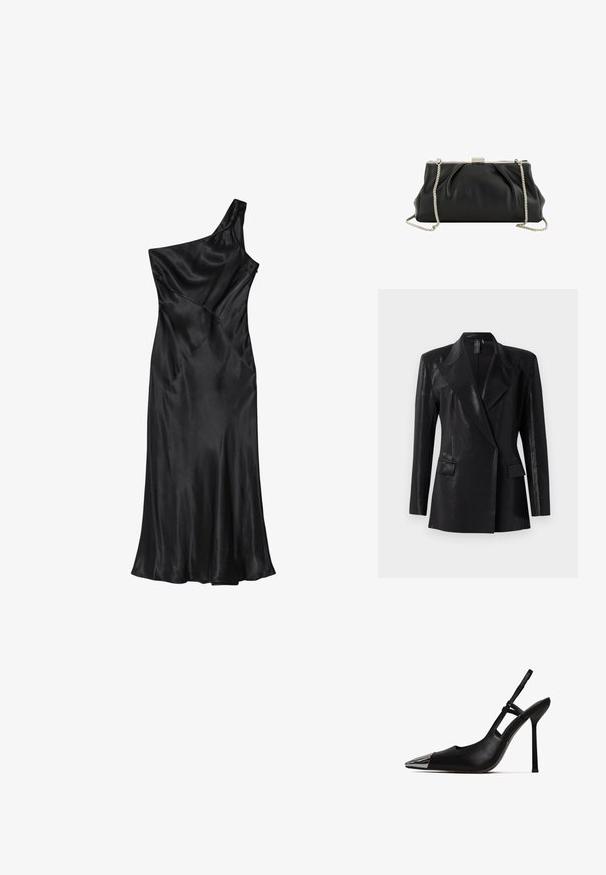 Schwarzer Blazer mit glänzender Oberfläche, ausgestattet mit einem Reverskragen, zwei Fronttaschen und einer figurbetonten Silhouette. Lange Ärmel vervollständigen das Design.; Schwarzes Satin-Kleid mit einer Schulter, tailliertem Oberteil und ausgestelltem Rock, mit diagonalen Nähten und durchgehend glatter Textur.; Schwarzer Slingback-Pump mit spitzem Zeh und glänzender metallischer Kappe. Verfügt über einen hohen Stiletto-Absatz und einen schmalen Knöchelriemen. Glatte Lederoberfläche.; Schwarze weiche Lederclutch mit silbernem Metallrahmen und abnehmbarem silbernem Kettenriemen auf weißem Hintergrund.