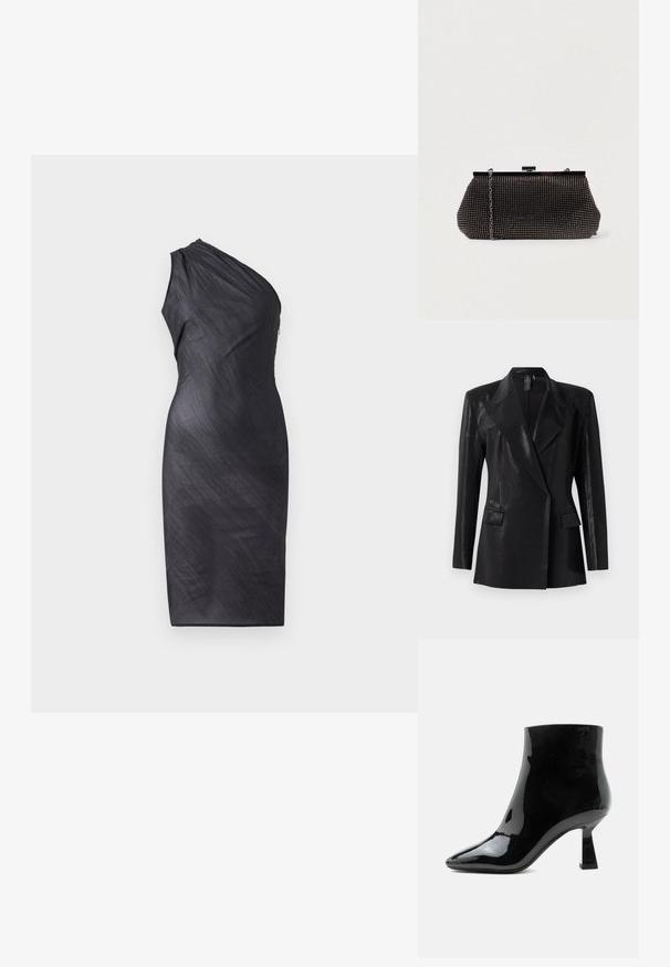 Sort blazer med en blank finish, der har en notch lapel, to frontlommer og en tætsiddende silhuet. Lange ærmer fuldender designet.; Asymmetrisk sort kjole med én skulder, draperet tekstur, knælængde, tætsiddende silhuet og baglynlåslukning.; Sort blank laklæder ankelstøvle med spids tå og udvidet mellemhøj hæl på hvid baggrund.; Sort mesh clutch-taske med en struktureret silhuet, prydet med små metalstuds, har en låsemekanisme og en aftagelig kæderekke.