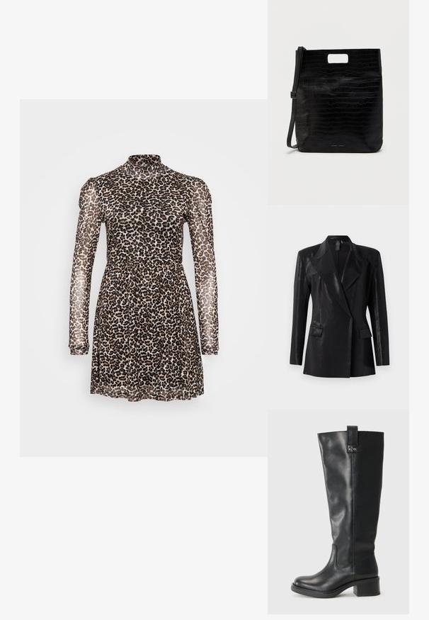 Čierny blazer s lesklým povrchom, s vykrojenou klopou, dvoma prednými vreckami a priliehavým strihom. Dlhé rukávy dotvárajú dizajn.; Šaty s leopardím vzorom a vysokým golierom, dlhými priesvitnými rukávmi, elastickým pásom a rozšírenou sukňou. Vyrobené z ľahkej, priehľadnej tkaniny.; Čierna kožená topánka po kolená s zaoblenou špičkou, šitými detailmi a blokovým podpätkom. Na vrchu sa nachádza malý pútko.; Čierna taška z umelého kože s krokodílovou textúrou, obdĺžnikový tvar, výrezy pre hornú rukoväť a odnímateľný ramenný popruh. Zobrazené logo značky.