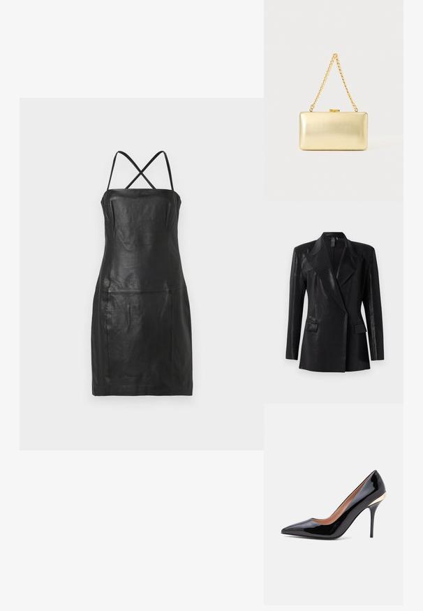 Zwarte blazer met een glanzende afwerking, voorzien van een geknipt revers, twee voorzakken en een getailleerd silhouet. Lange mouwen ronden het ontwerp af.; Zwart leren jurk met een getailleerde silhouet, dunne kruislings banden en geen zichtbare sluitingen of patronen. Vette textuur, minimalistisch ontwerp.; Zwarte lakleren pump met een spitse neus, een smalle stilettohak en een gouden accent bij de hielkap.; Rechthoekige gouden clutch met glanzende afwerking, metalen sluiting en korte gouden kettinghengsel tegen een effen lichte achtergrond.