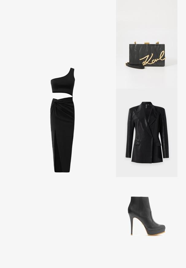 Sort blazer med en blank finish, der har en notch lapel, to frontlommer og en tætsiddende silhuet. Lange ærmer fuldender designet.; Sort todelt tøj sæt bestående af en en-skulder crop top og en højtaljet nederdel med tvistet detalje og sideslids. Glat stof.; Sort læder ankelstøvle med høj stilettohæl og plateau. Har en glat tekstur og et subtilt sideudskæringsdesign.; KARL LAGERFELD SOIREE - Clutches - black