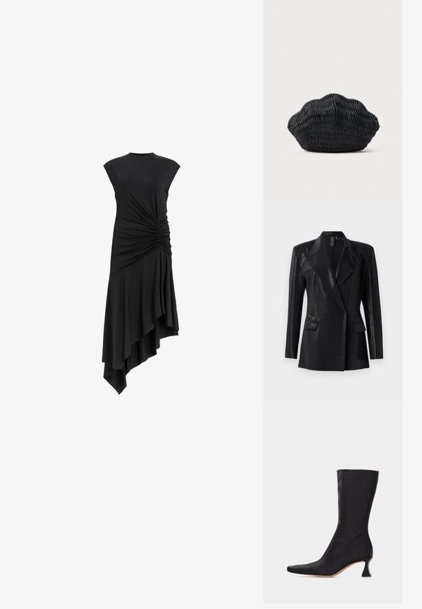 Zwarte blazer met een glanzende afwerking, voorzien van een geknipt revers, twee voorzakken en een getailleerd silhouet. Lange mouwen ronden het ontwerp af.; Zwarte mouwloze jurk met geplooide details aan de zijkant, voorzien van een asymmetrische zoom die elegant valt. Zachte stofstructuur.; Zwarte leren laars tot halverwege de kuit met een puntige neus en een gebogen lage hak tegen een effen lichte achtergrond.; Zwarte gevlochten handtas in de vorm van een sint-jakobsschelp met een gebogen bovenkant en een geweven textuur op een effen achtergrond.