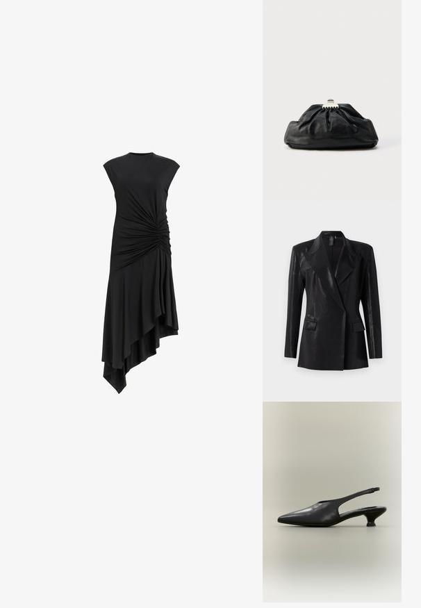 Sort blazer med en blank finish, der har en notch lapel, to frontlommer og en tætsiddende silhuet. Lange ærmer fuldender designet.; Sort ærmeløs kjole med samlet detalje på siden, der har en asymmetrisk nederdel, som draperer elegant. Blød stofstruktur.; Sort læder slingback-sko med spids tå og lav kittenhæl på neutral baggrund.; Sort læderclutch med en samlet tekstur, metal lukning og diskret præget logo på forsiden. Rundet form.